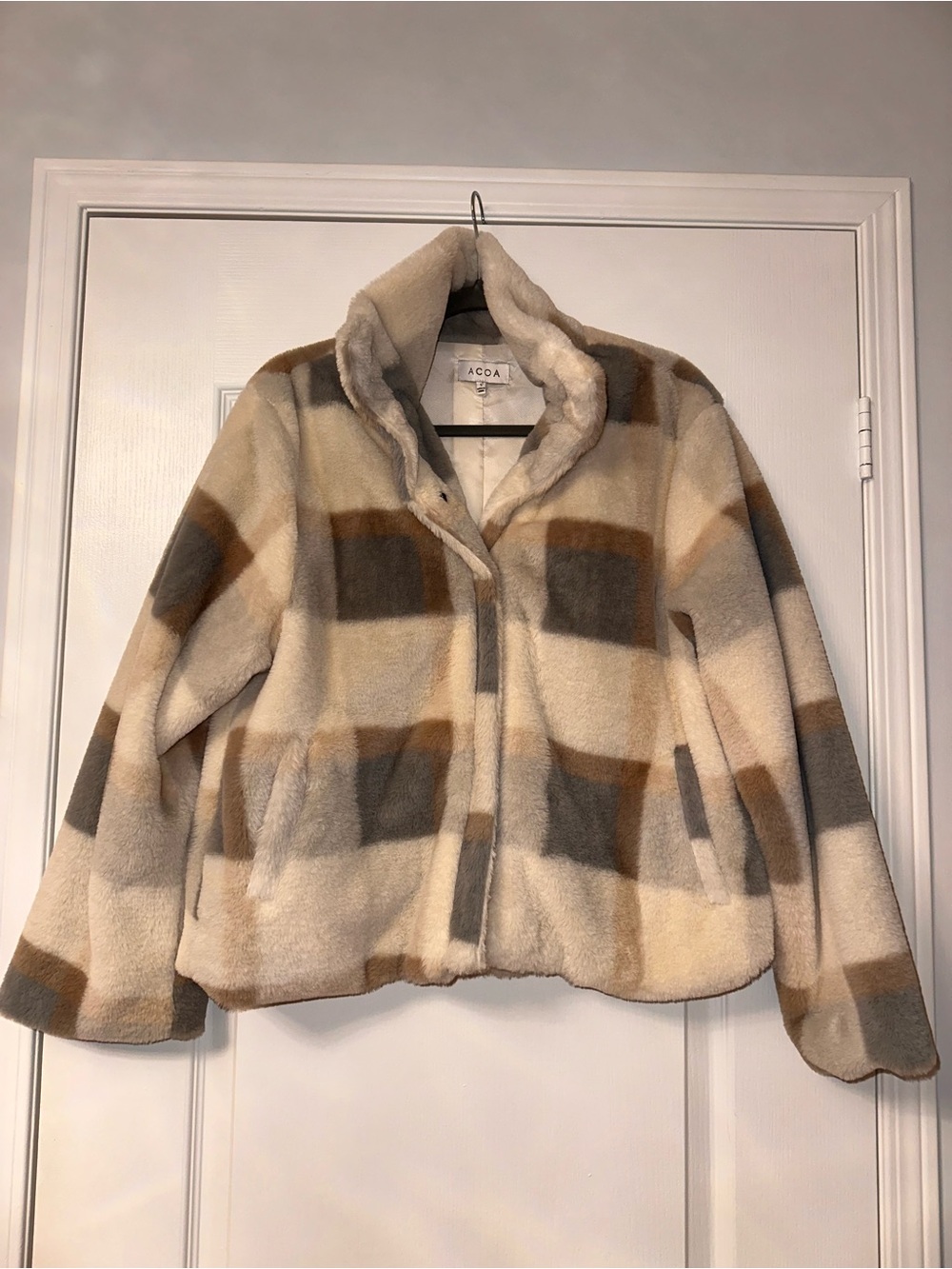 ACOA Plaid Faux Fur Teddy Jacket Cream Taupe Grey